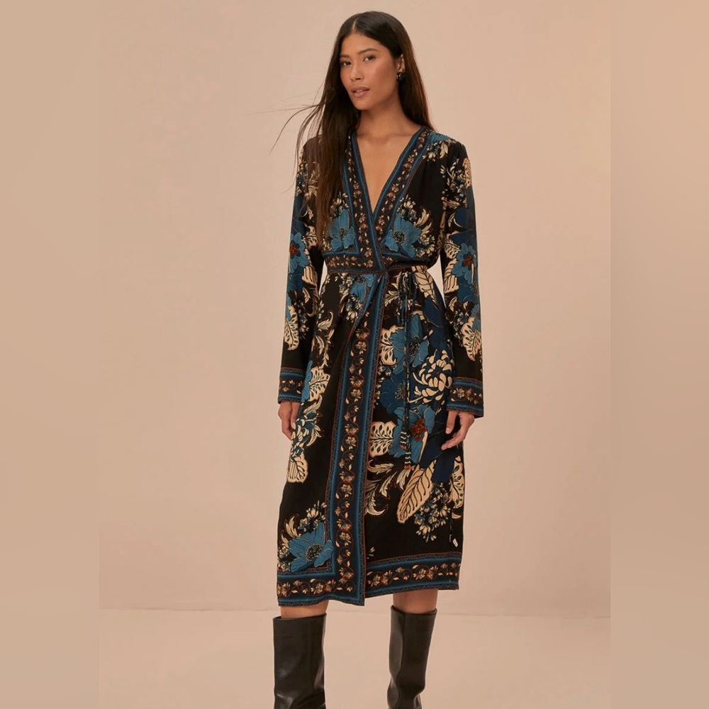 Farm Rio BLOSSOM TAPESTRY BLACK MIDI WRAP DRESS